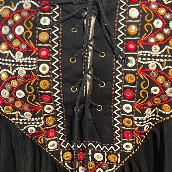bohemian lace-up/embroidered yoke with mirror/sequin long sleeve/ruffle top-NWT - Picture 3 of 10